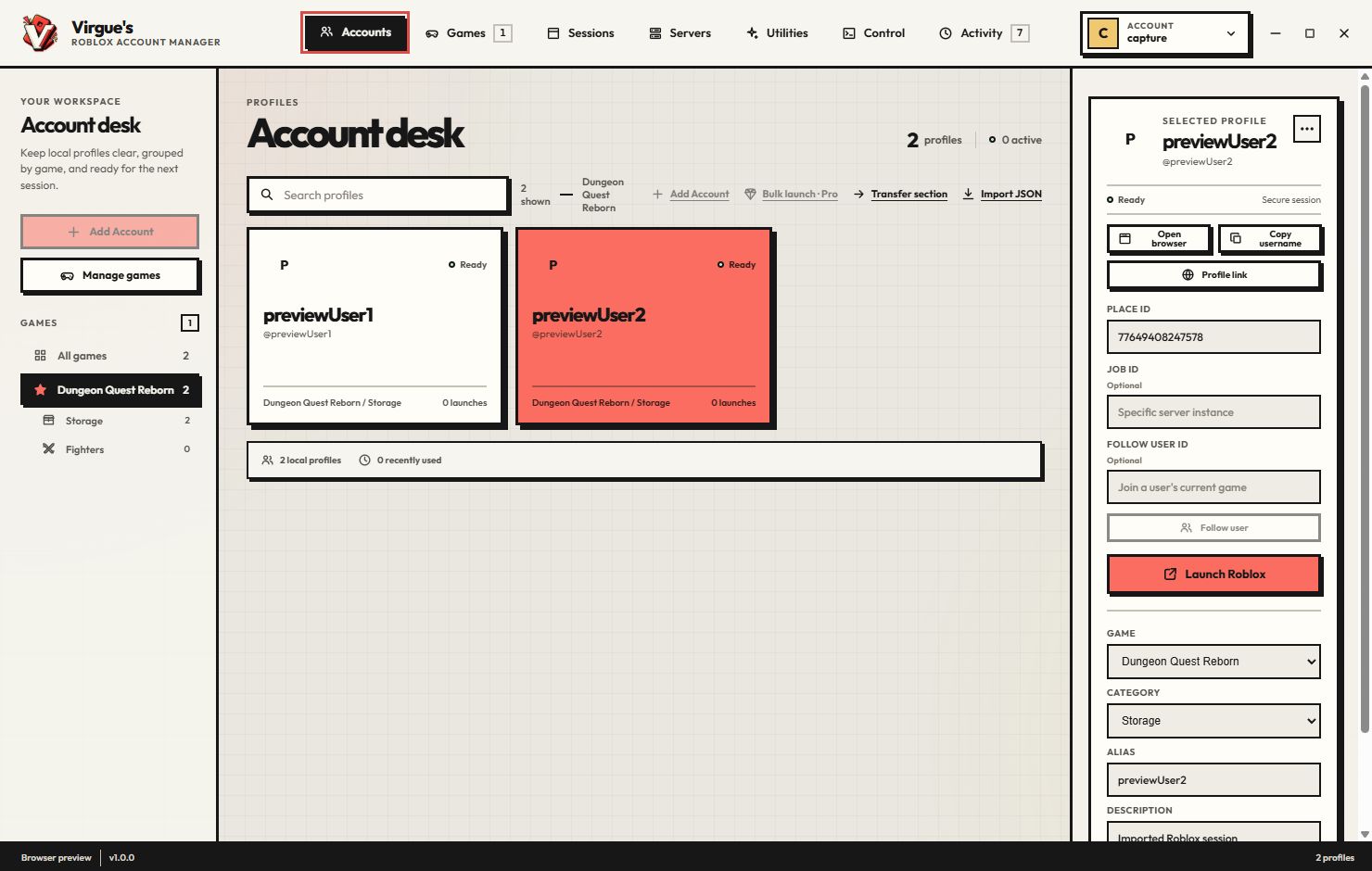 The Valdor | A Roblox Account Manager account desk showing two profiles and a selected profile panel